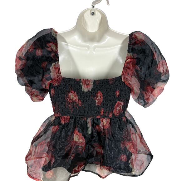 thirty / thirty LA Floral Crop Blouse Print Black Pink Top Sheer Scoop Neck - M - Picture 4 of 5